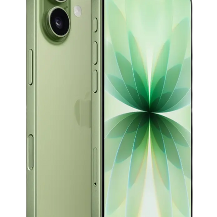 Apple iPhone 17, green, front and rear angled view with display on, floral wallpaper