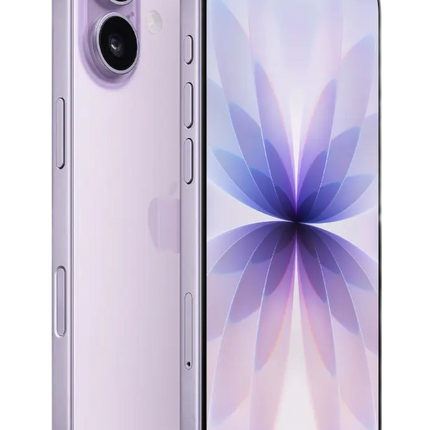 Apple iPhone 17, pink/purple, rear and front angled view with floral abstract wallpaper