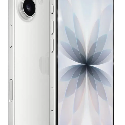 Apple iPhone 17, white, rear and front angled view with floral abstract wallpaper