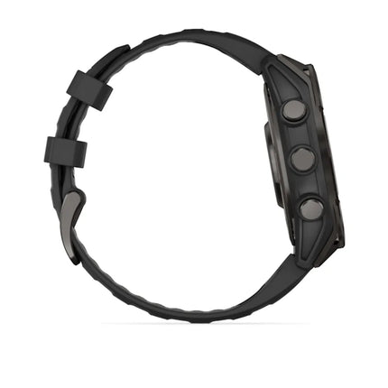 Garmin Fenix 8 Smartwatch, black/gray case with black band, side profile view