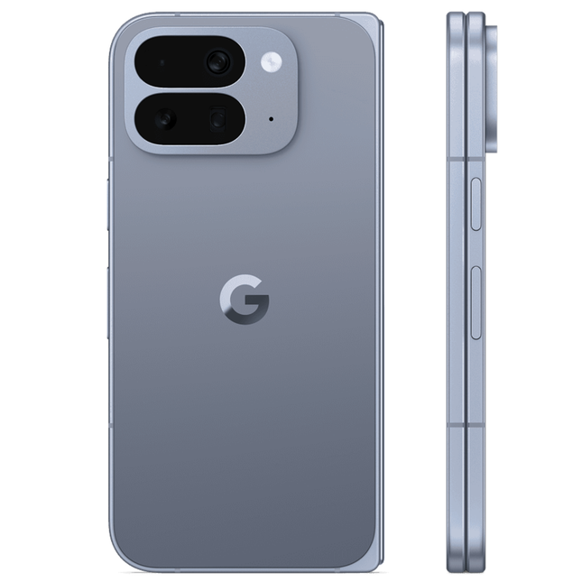 Google Pixel 10 Pro Fold, violet, rear and side view unfolded pair