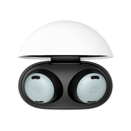 Google Pixel Buds Pro, fog/light blue-gray, earbuds in open charging case top view