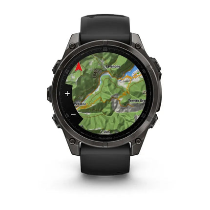 Garmin Fenix 8 Smartwatch, black/gray with black band, display on showing map view