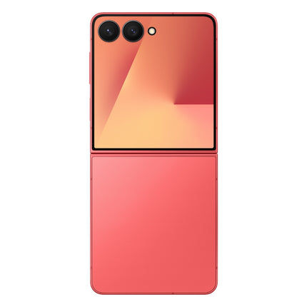 Samsung Galaxy Z Flip7, coral/orange-red, closed front cover screen view