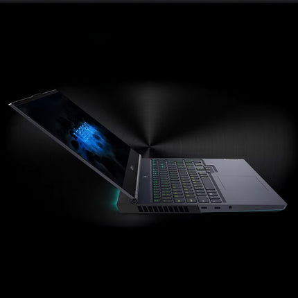 Lenovo Legion 7i 16-inch Laptop, black, angled side view partially open in dark setting