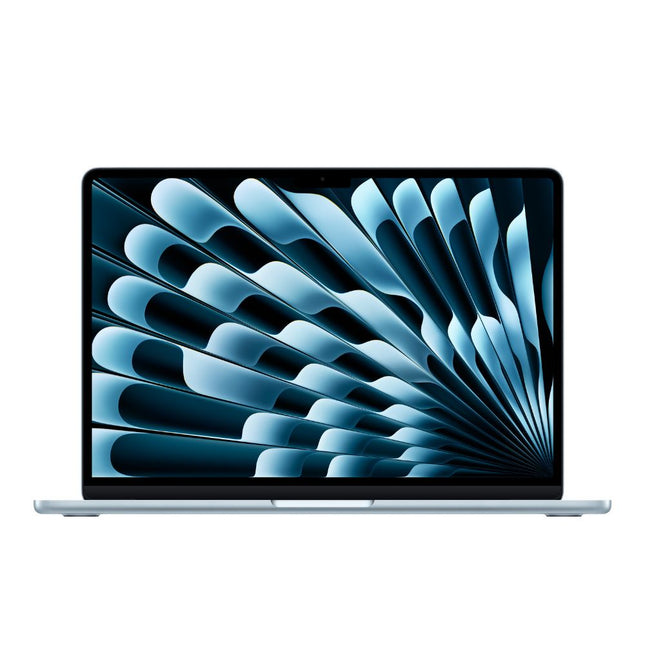 MacBook Air 13-inch 2025 M4, sky blue, open front view with screen on
