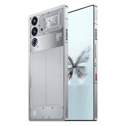 REDMAGIC 10 Pro, silver/transparent, front and back angled view showing butterfly design