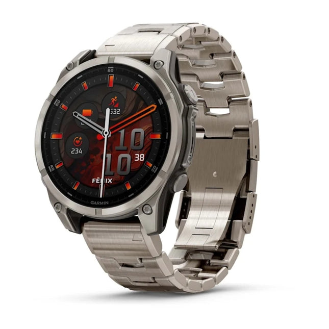 Garmin Fenix 8 Smartwatch, titanium with titanium bracelet, display on angled view