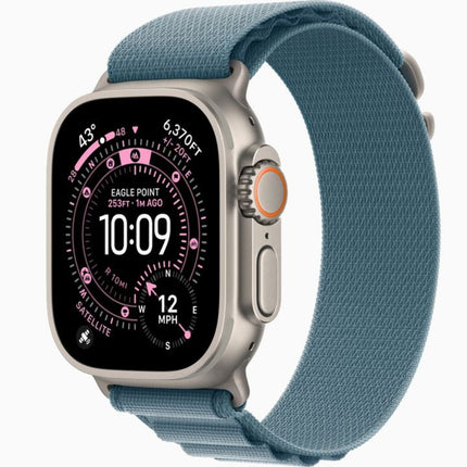 Apple Watch Ultra 3 49mm, natural titanium with blue alpine loop, front display on