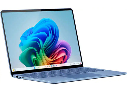 Microsoft Surface Laptop 7, sapphire blue, open angled front with screen on