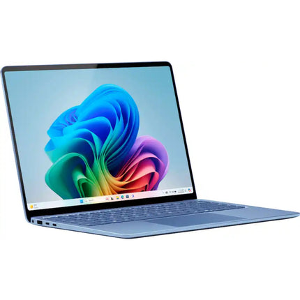 Microsoft Surface Laptop 7, sapphire blue, open angled front with screen on