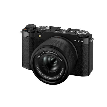 Fujifilm X-M5, black, front view with XC 15-45mm lens attached