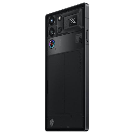 REDMAGIC 10 Pro, black, back and front angled view pair showing camera and butterfly screen