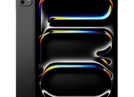 Apple iPad Pro 11-inch M4, space black, front view display on with abstract wallpaper