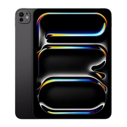 Apple iPad Pro 11-inch M4, space black, front view display on with abstract wallpaper