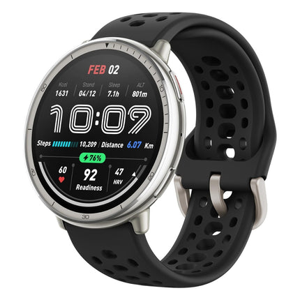 Amazfit Active 2, silver case with black sport band, angled front view showing fitness watch face