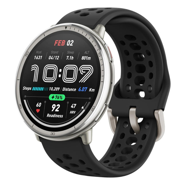 Amazfit Active 2, silver case with black sport band, angled front view showing fitness watch face