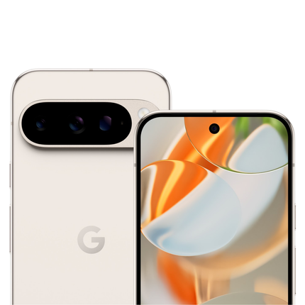 Google Pixel 9 Pro XL, porcelain/white, angled front and back view pair