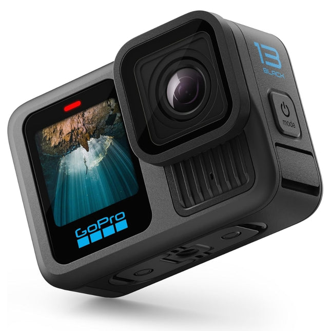 GoPro HERO13 Black Action Camera, black, angled front view with lens visible
