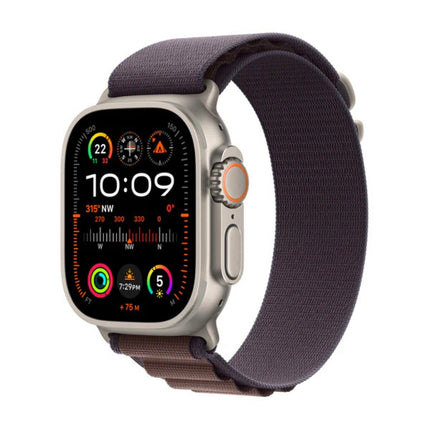 Apple Watch Ultra 3 49mm, natural titanium with purple trail loop, front display on