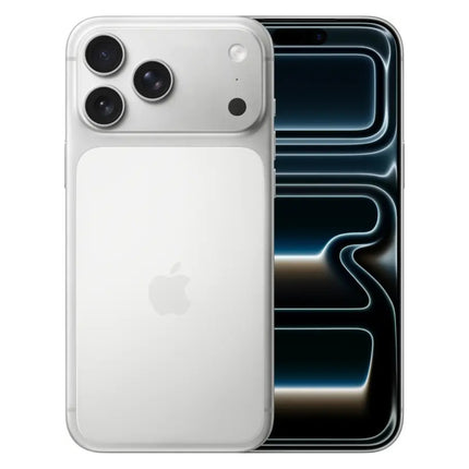 Apple iPhone 17 Pro Max, white/silver, rear angled view with clear case