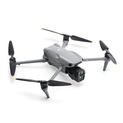 DJI Air 3S, grey, angled top view with propellers deployed