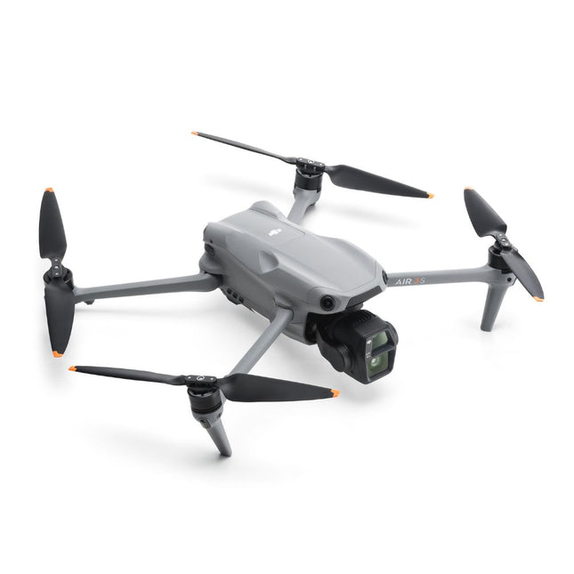DJI Air 3S, grey, angled top view with propellers deployed