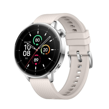 OnePlus Watch 3, silver case with white band, front view showing watch face