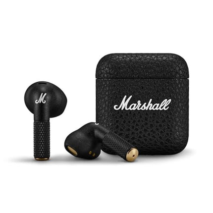 Marshall Minor IV True Wireless Earbuds, black, earbuds with charging case front view