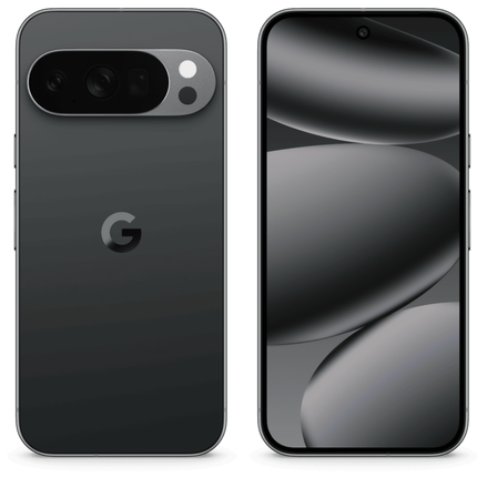 Google Pixel 10 Pro, obsidian, front and rear view pair