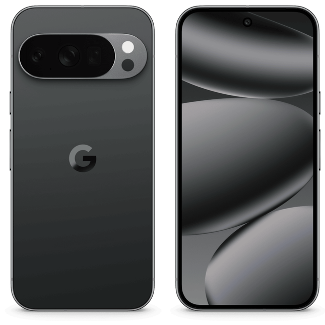 Google Pixel 10 Pro, obsidian, front and rear view pair