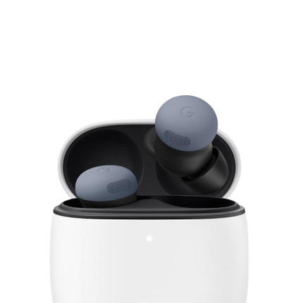 Google Pixel Buds Pro 2, blue/slate, earbuds in open charging case view