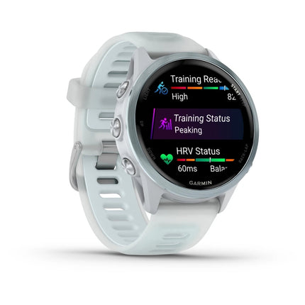 Garmin Forerunner 570 Smartwatch, white/light blue band, angled front view display on