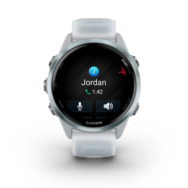 Garmin Forerunner 570 Smartwatch, white/light blue band, side profile view