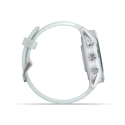 Garmin Forerunner 570 Smartwatch, white/light blue band, side profile view