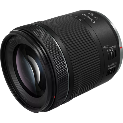 Canon RF 24-105mm f/4-7.1 IS STM lens, black, angled side view showing controls