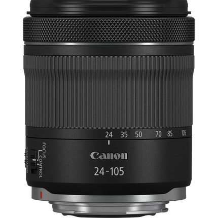 Canon RF 24-105mm f/4-7.1 IS STM lens, black, front standing view