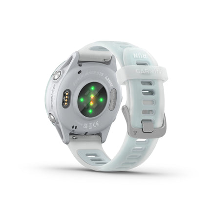 Garmin Forerunner 570 Smartwatch, white/light blue band, rear view showing heart rate sensor