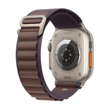 Apple Watch Ultra 3 49mm, natural titanium with brown alpine loop, rear/back view
