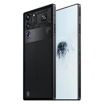 REDMAGIC 10 Pro, black, back and front view pair showing camera module and display