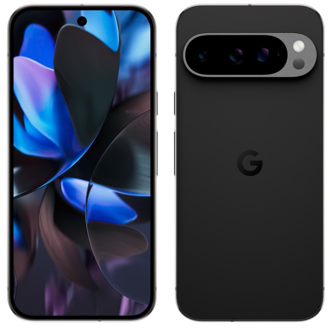 Google Pixel 9 Pro, obsidian/black, front and back view pair