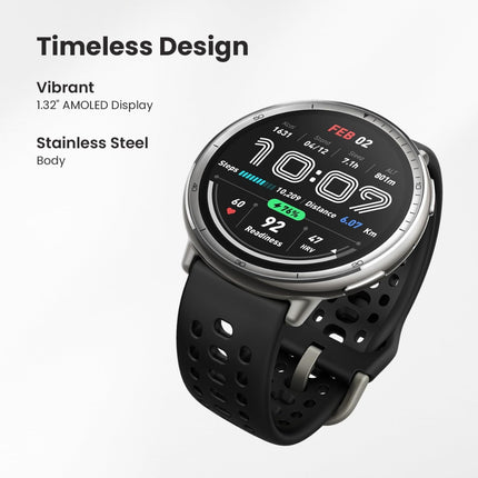 Amazfit Active 2, silver case with black sport band, front view showing fitness watch face