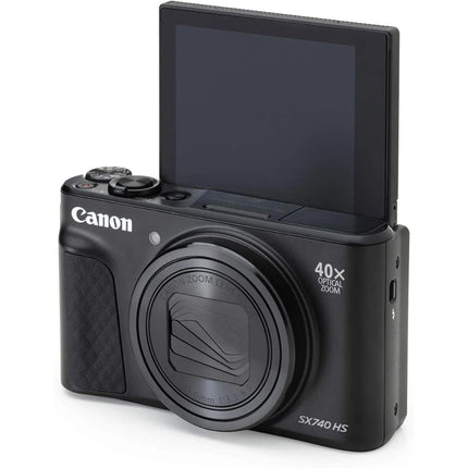Canon PowerShot SX740 HS, black, front angled view with flip screen fully flipped forward