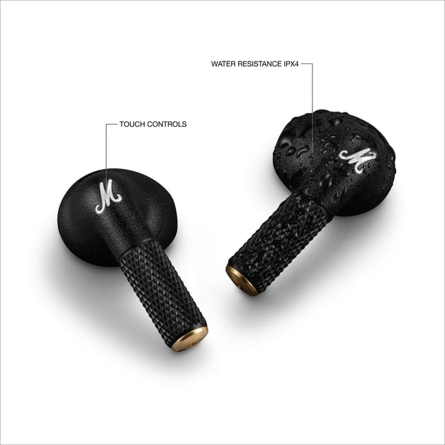 Marshall Minor IV True Wireless Earbuds, black, angled view with infographic callouts