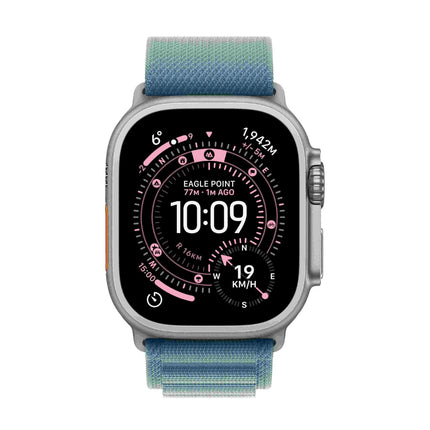 Apple Watch Ultra 3 49mm, natural titanium with teal alpine loop, front display on