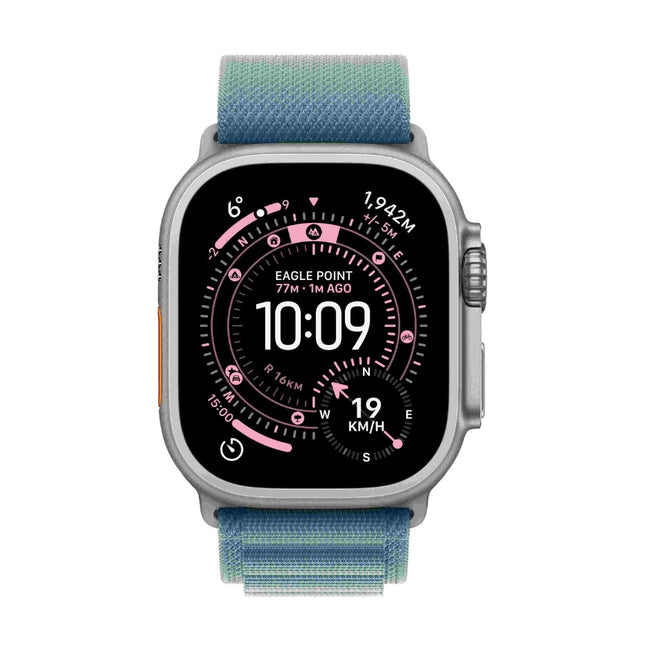 Apple Watch Ultra 3 49mm, natural titanium with teal alpine loop, front display on