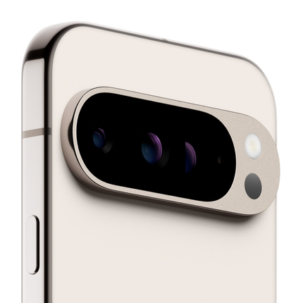 Google Pixel 9 Pro, porcelain/white, closeup of rear triple camera bar