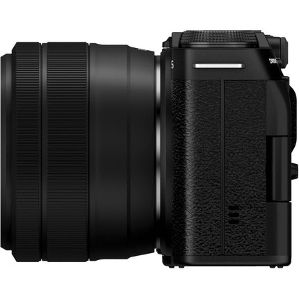 Fujifilm X-M5, black, side angled view with XC 15-45mm lens attached