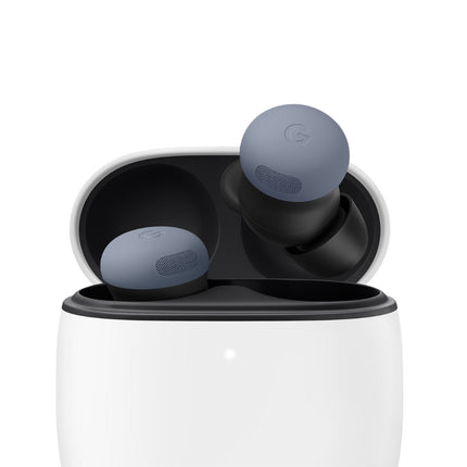 Google Pixel Buds Pro, fog/light blue-gray, pair of earbuds angled view
