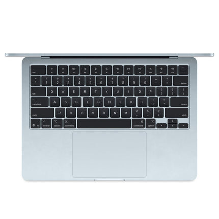 MacBook Air 13-inch 2025 M4, sky blue, open top-down keyboard view